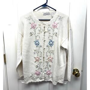 Vintage Sweater Floral Embroidered Beaded Sequin Cardigan Carolyn Taylor Size L